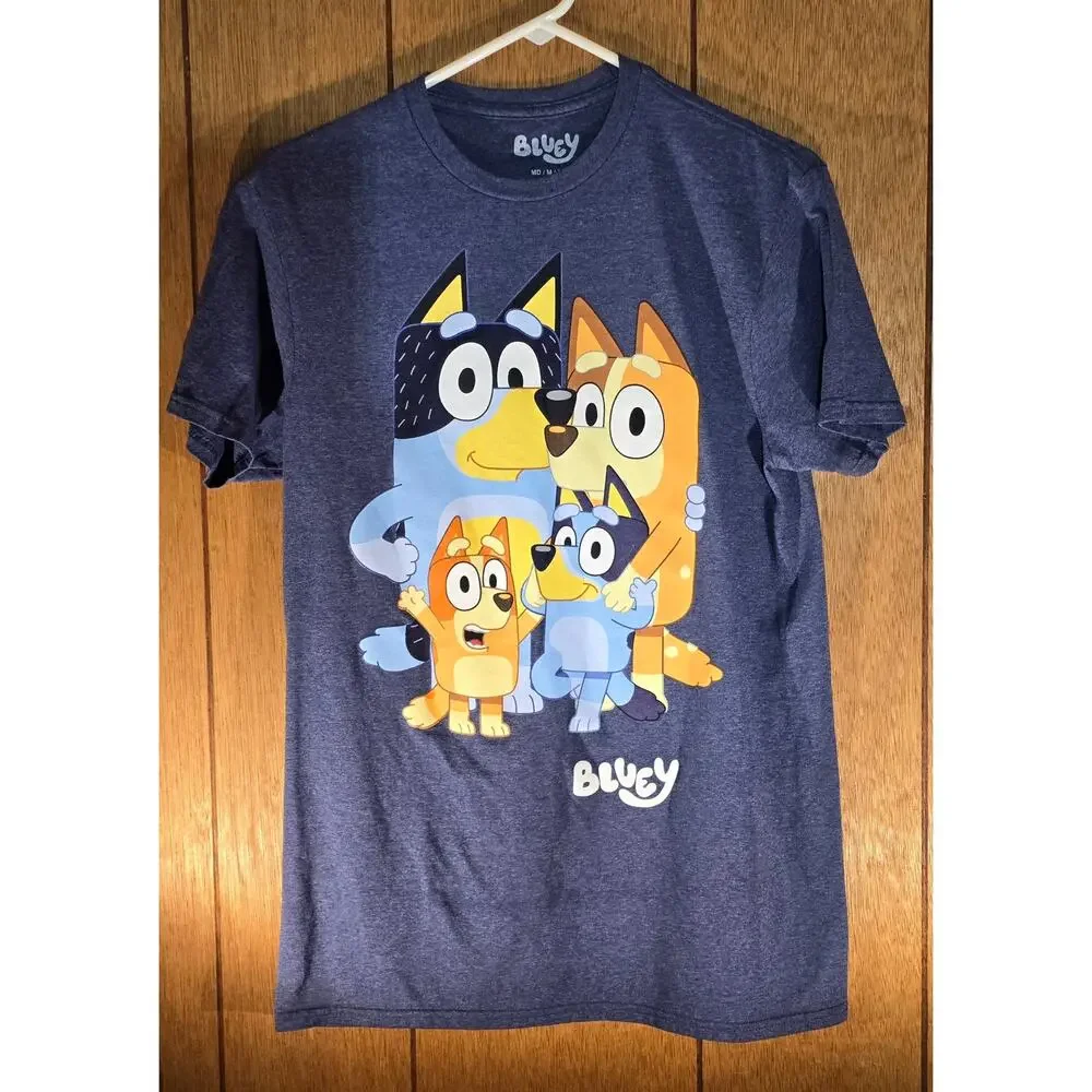 Bluey Graphic T-Shirt Men's Medium Cartoon Family TV Show Blue Heather